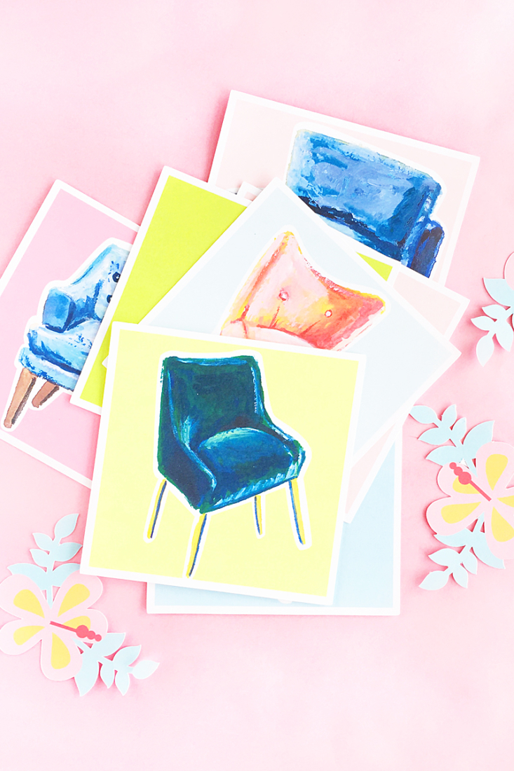 DIY Illustrated Chair Square Notecards on Maritza Lisa - Make these sweet notecards and add them to your stationery stash, then send to all your friends and family who love home decor!