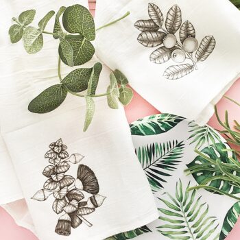 DIY Eucalyptus and Guava Flour Sack Towels tutorial on Maritza Lisa. Use these botanical images to make these pretty towels with this quick and easy how-to