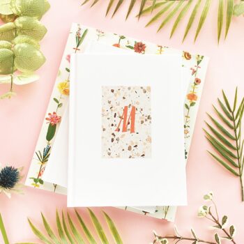 DIY Terrazzo Monogrammed Notebook on Maritza Lisa - This tutorial which teaches you how to monogram your book or journal with a terrazzo pattern. This tutorial also shows you how to use temporary tattoo paper to transfer images #diy #crafts #tutorial #temporarytattoopaper #diyStationery #diyNotebook #diyJournal