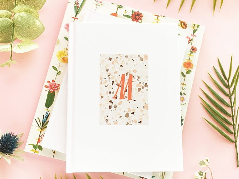 DIY Terrazzo Monogrammed Notebook on Maritza Lisa - This tutorial which teaches you how to monogram your book or journal with a terrazzo pattern. This tutorial also shows you how to use temporary tattoo paper to transfer images #diy #crafts #tutorial #temporarytattoopaper #diyStationery #diyNotebook #diyJournal