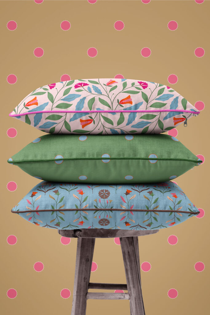 Piped cushions featuring surface pattern design from The Heritage Edit by Maritza Lisa, featuring romantic and eclectic motifs inspired by vintage florals and folk art.