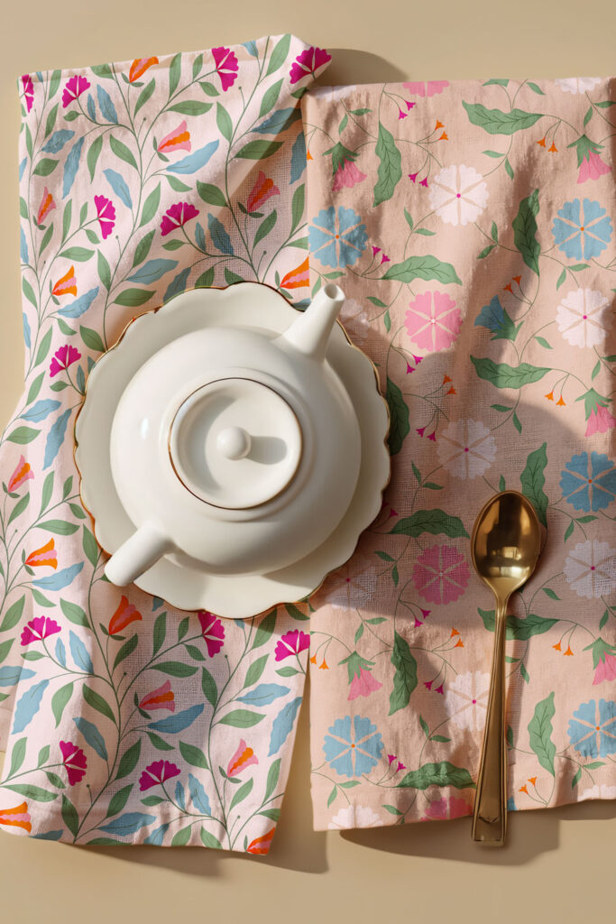 Tea Towels featuring surface pattern design from The Heritage Edit by Maritza Lisa, featuring romantic and eclectic motifs inspired by vintage florals and folk art.