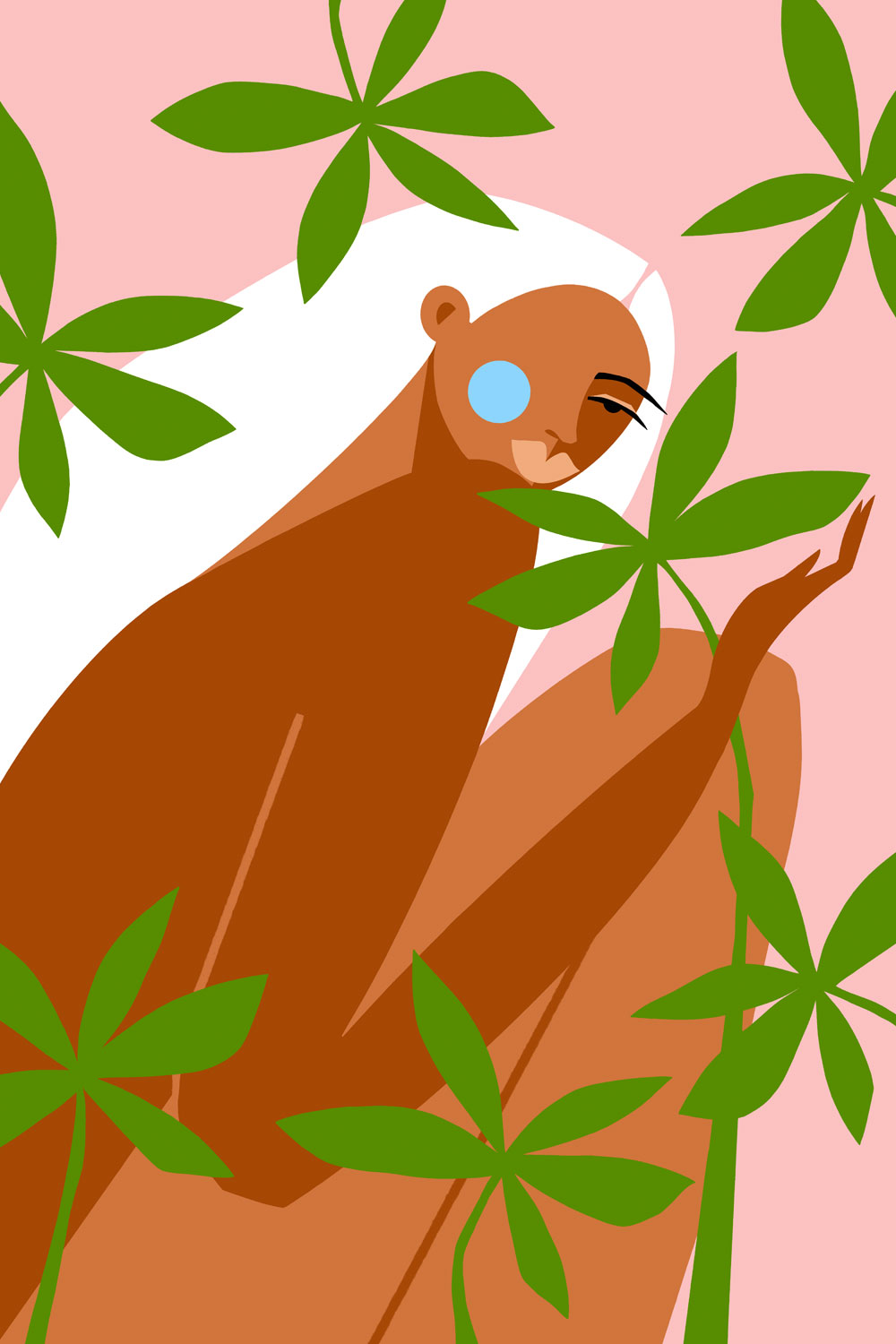 Minimalist portrait of a nude figure with white hair and blue cheeks, gently holding large green leaves against a soft pink background.