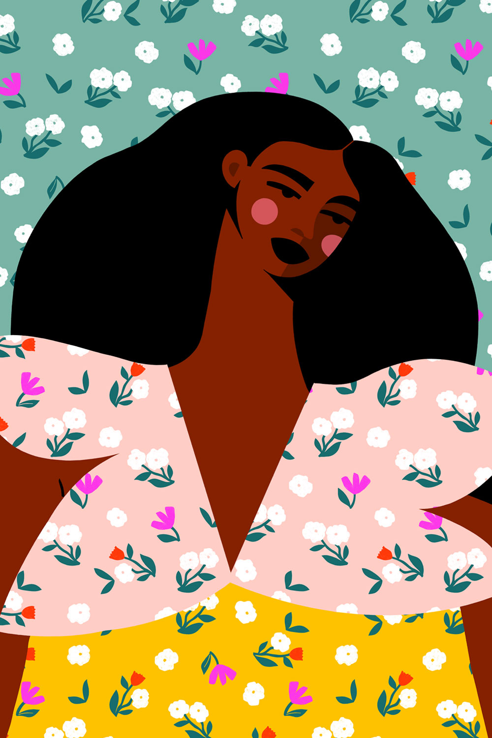 Digital illustration of a confident Black woman with flowing hair wearing a pink and yellow floral dress, set against a teal floral background.