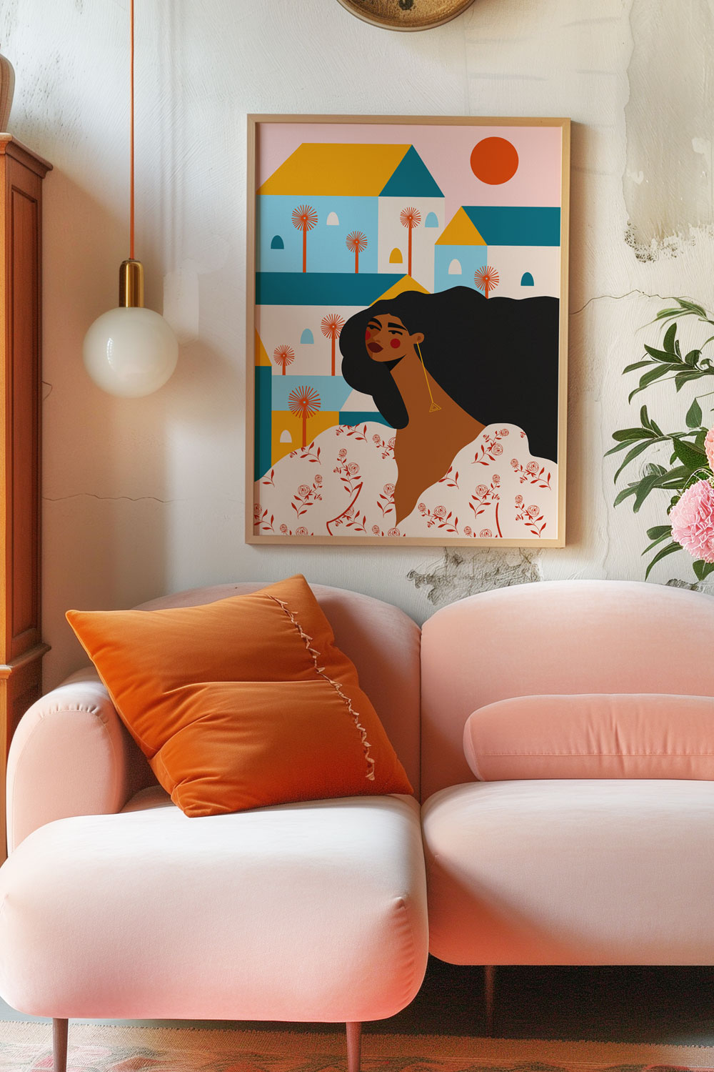 Framed art print of “Exploring A New City” featuring a stylish Black woman against colorful modern buildings and a pink sun, displayed above a blush sofa with orange pillows in a cozy, light-filled living room.