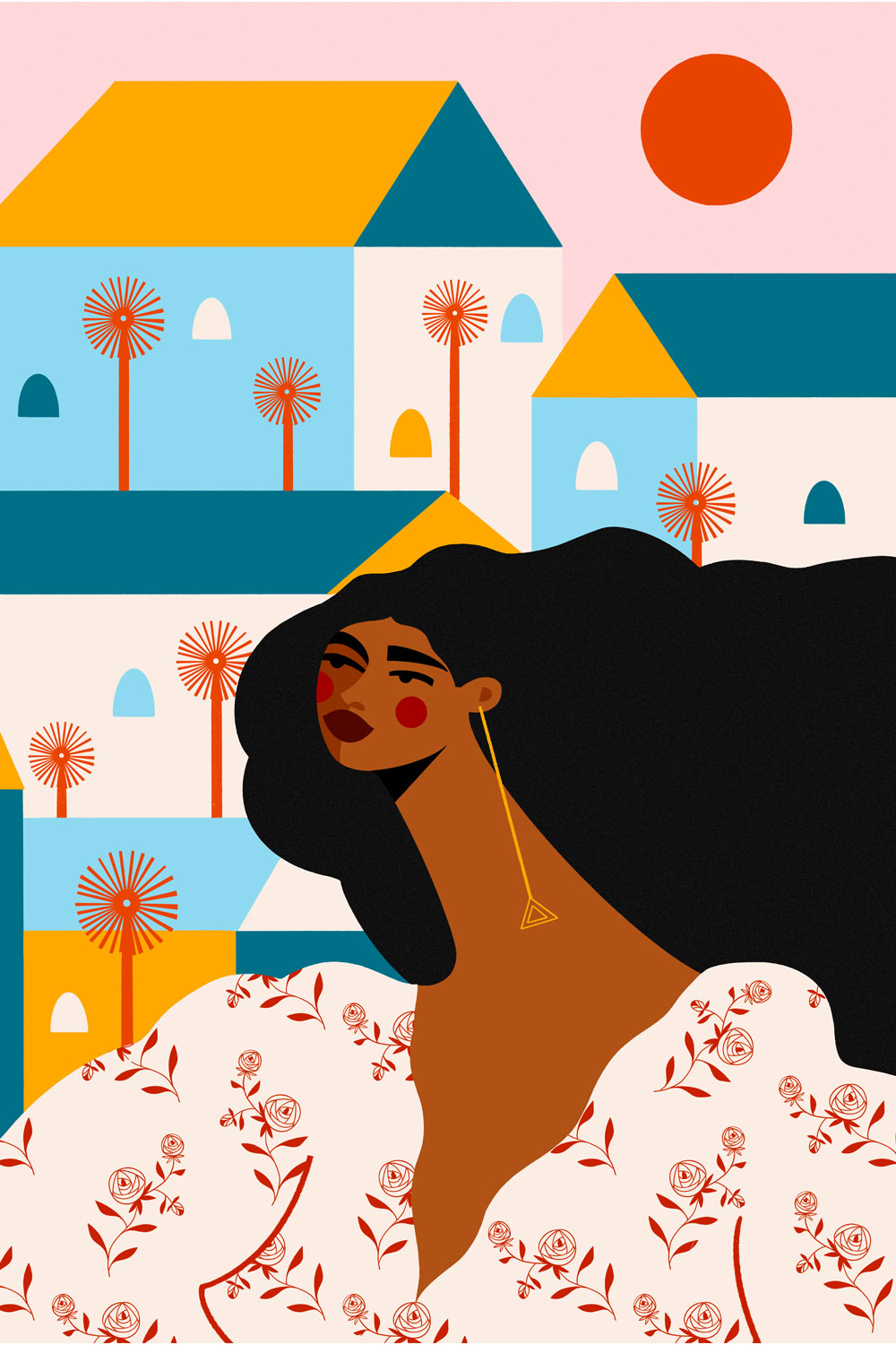 Illustration titled “Exploring A New City” showing a confident Black woman in a floral outfit set against a graphic backdrop of colorful houses, palm trees, and a bold pink sky.