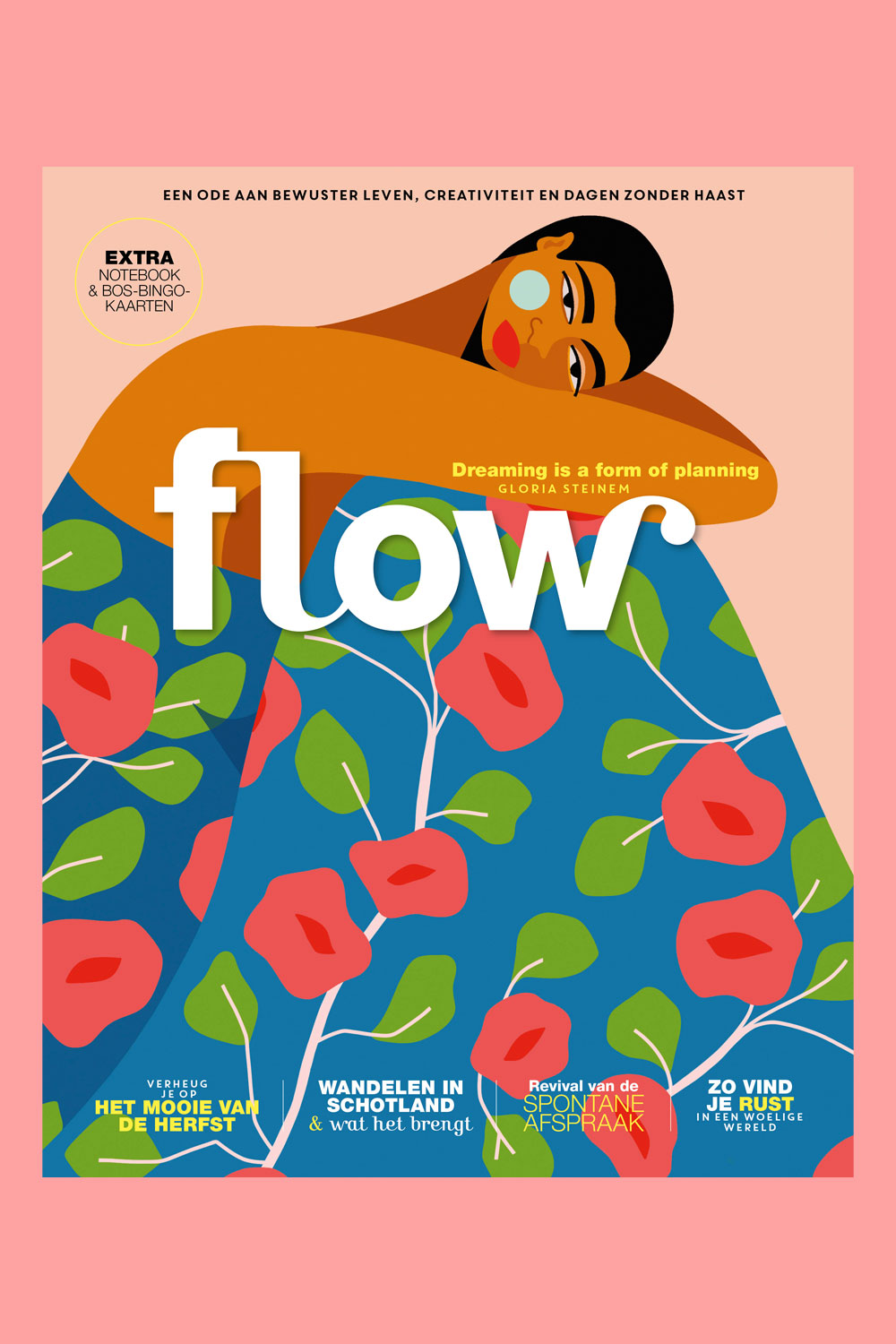 Cover illustration for Flow Magazine’s August 2025 issue, featuring a relaxed woman wrapped in a vibrant floral blanket against a soft pink background. The design evokes themes of rest, reflection, and seasonal transition, with the Flow logo and cover lines overlaid.