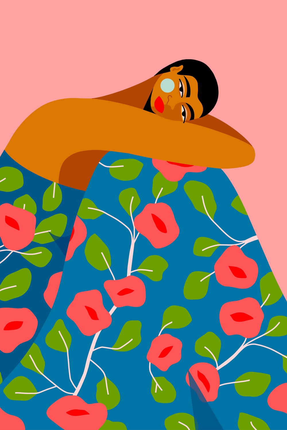Full illustration of a serene woman resting her head on her arms, wrapped in a vivid blue blanket adorned with red and green floral patterns, set against a minimalist pink backdrop — symbolizing comfort, creativity, and autumn calm.