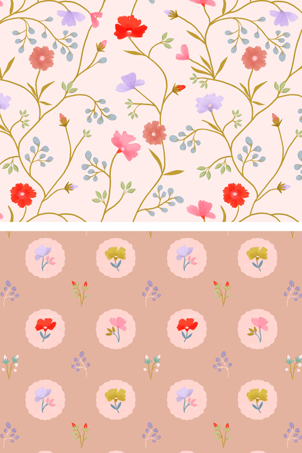 Repeating floral medallion pattern with small colorful blooms arranged on a warm beige background
