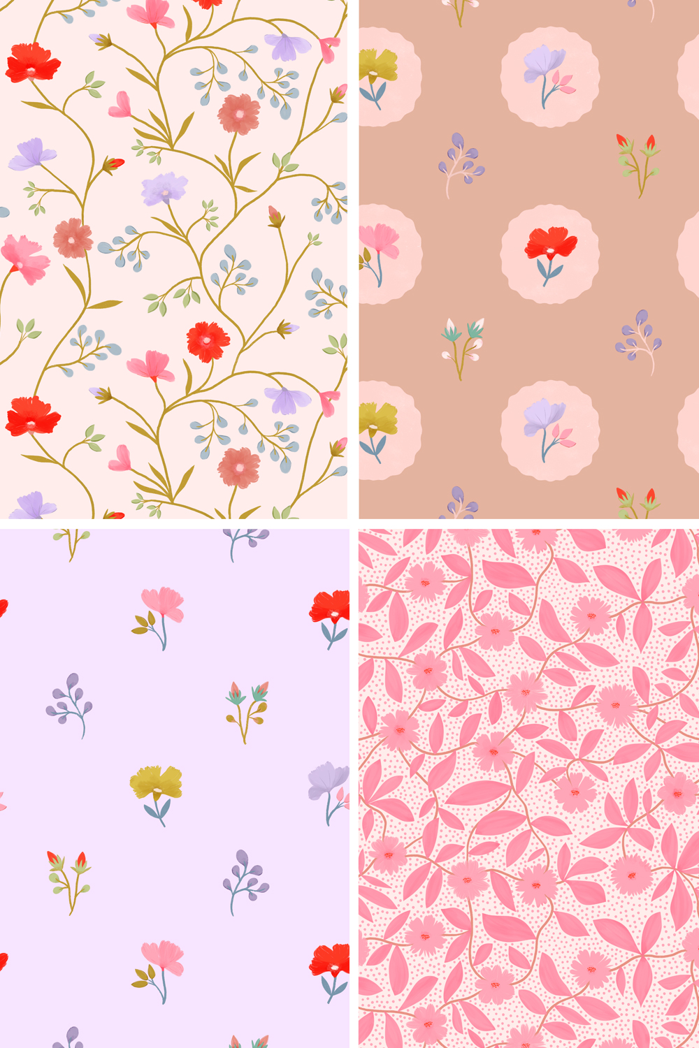 Coordinating vintage botanical patterns featuring delicate floral vines and scattered blossoms in soft pastel tones