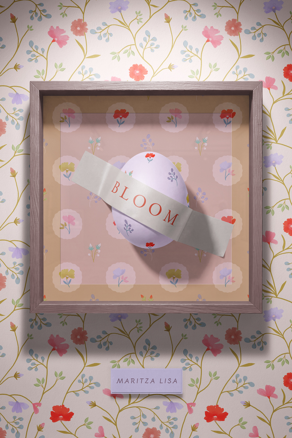 Framed botanical pattern artwork displayed against vintage floral wallpaper in a styled interior mockup